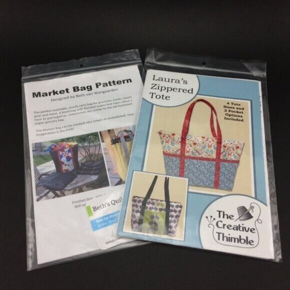 2 Quilted Fabric Bag Patterns Lauras Zipper Tote & Market Bag Creative Thimble - Picture 1 of 7